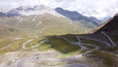 Stelvio-Mountain-Pass-at-South-Tyrol,-Italy---Aerial-Drone-View-of-the-Famous-Road-with-Curves-and-Hairpins---Giro-d'-Italia-Cycling-Lap
