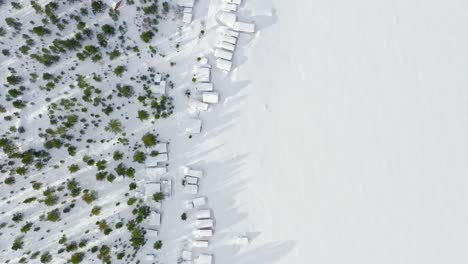 Flug-über-Die-Verschneite-Skandinavische-Landschaft-Mit-Wäldern,-Blockhütten-Und-Einem-Großen-See