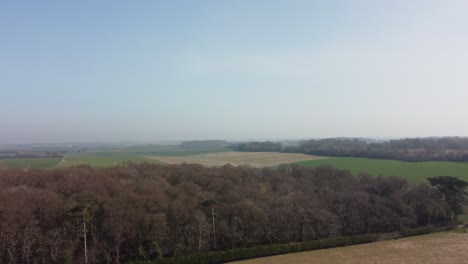 Flying-over-woodland-in-English-countryside-with-brown-and-green-fields-in-the-background