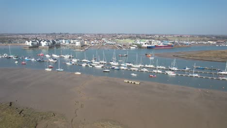 Sailing-yachts-moored-in-Brightlingsea-Essex-UK-drone-aerial-view