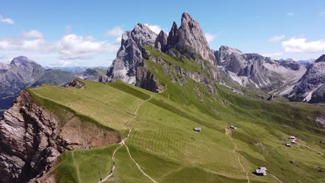 Seceda-Mountain-Peak-and-Val-Gardena-Valley-at-South-Tyrol,-Italian-Alps,-Dolomites,-Italy---Aerial-Drone-View
