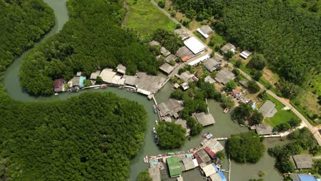 Aerial-bird-eye-view-of-mangroves-and-small-fishing-village