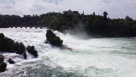 Rhine-Falls-at-Neuhausen,-Switzerland---Aerial-Drone-View-of-the-Largest-Waterfall-in-Europe