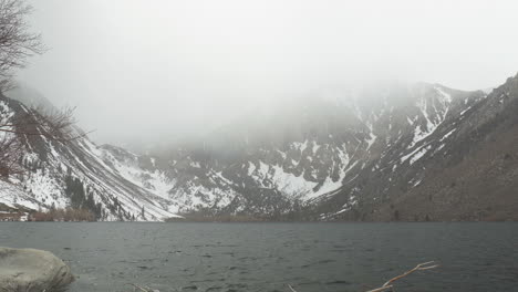 Rainy-cloudy-day-at-Convict-Lake-in-Mono-County,-California,-United-States,-Sierra-Nevada-mountains