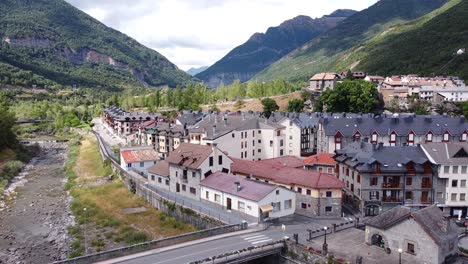 Biescas-at-Huesca,-Aragon,-Spanish-Pyrenees,-Spain---Aerial-Drone-View-of-the-Mountain-Village