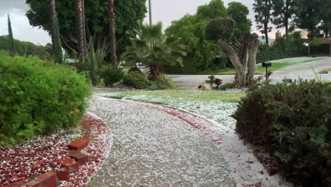 hail-storm-heavy-rain-ice-stone-covered-garden-road-in-California-usa,-extreme-weather-condition-climate-change