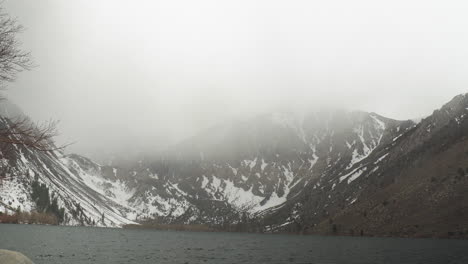 Convict-Lake-Mono-County,-California,-United-States,-winter-cold-foggy-cloudy-rainy-landscape-in-Sierra-Nevada-mountains