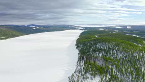 Flying-Over-Frozen-Wide-River-Among-Spacious-Evergreen-Woodland-Area