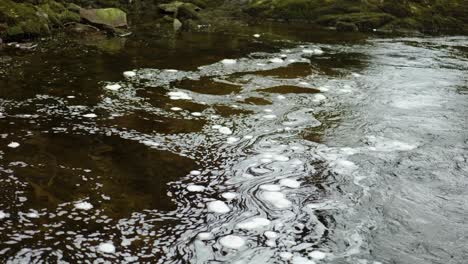 Time-lapse-of-swirling-bubbles-of-white-foam-floating-on-the-surface-of-water-in-a-Scottish-river-in-a-constantly-changing-pattern-where-the-faster-current-meets-a-still-section-of-water