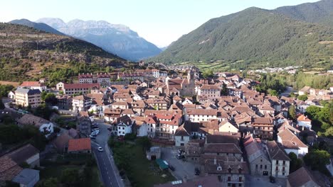 Echo-Village-at-Hecho-Valley,-Huesca,-Aragon,-Spanish-Pyrenees,-Spain---Aerial-Drone-View