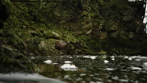 Bubbles-of-foam-float-on-the-surface-of-dark-water-in-the-North-Esk-river-in-Scotland,-slowly-swirling-towards-the-camera-and-into-a-shallow-plane-of-focus-with-a-moss-covered-cliff-in-the-background