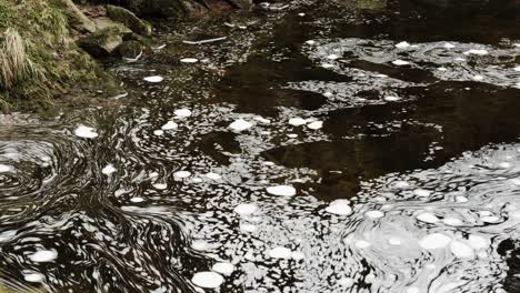 Swirling-bubbles-of-white-foam-float-slowly-on-the-surface-of-flat-water-in-a-Scottish-river-in-a-hypnotic,-constantly-changing-pattern-of-organic-shapes