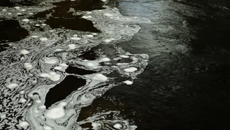 Swirling-bubbles-of-white-foam-slowly-float-on-the-surface-of-dark,-black-water-in-a-Scottish-river-in-a-hypnotic,-constantly-changing-pattern-where-the-faster-current-meets-still-water