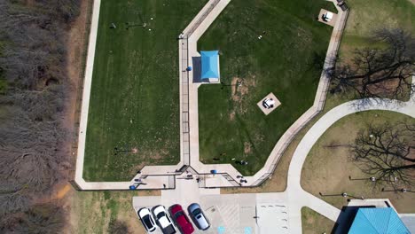 Aerial-footage-of-the-dog-park-at-Unity-Park-in-Highland-Village-Texas