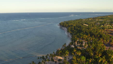Golden-light-illuminates-palm-trees-and-open-ocean-near-Punta-Cana,-aerial-wide-angle-panorama