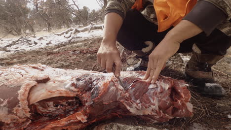 Hunter-deboning-a-Buck-on-the-forest-floor