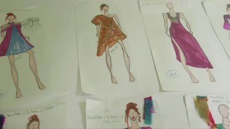 Detail-of-a-fashion-designer's-workstation-with-drawings-and-sketches-of-her-last-collection