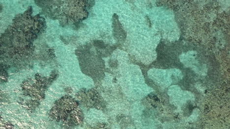 Overhead-shot-of-shallow-tropical-sea-atoll-with-corals-on-seafloor