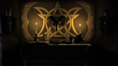 Dramatic-moonlit-dolly-shot-3D-render-of-a-dark-chapel-scene-with-a-Satanic-Pagan-style-ancient-stone-altar,-with-grimoire,-bleeding-bowl,-mystical-objects-and-a-ram's-skull-mounted-on-a-pentacle