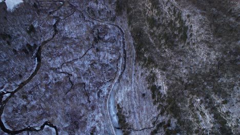 Aerial-drone-top-down-bird's-eye-video-footage-of-a-snowy-forest-with-river-and-meandering-streams-in-the-Appalachian-mountains