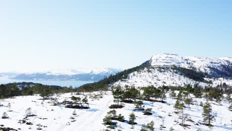 Lateral-Aerial-View-Of-Snowy-And-Greenery-Mountains-In-Blaheia,-Norway-During-Winter