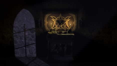 Dramatic-moonlit-rising-3D-CGI-shot-of-a-dark-chapel-scene-with-a-Satanic-Pagan-style-ancient-stone-altar,-with-grimoire,-bleeding-bowl,-mystical-objects-and-a-ram's-skull-mounted-on-a-pentacle