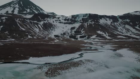 Rivers-in-Dark,-Frozen-Tundra-Landscape-of-Iceland-Mountains-in-the-Winter---Aerial