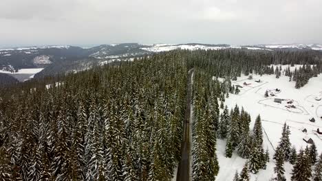 Drone-view-over-a-car-passing-by-thru-the-snow-covered-forest