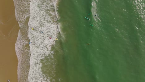 Aerial-top-down-shot-zooming-out-of-surfers-catching-waves-on-a-beautiful-turquoise-ocean