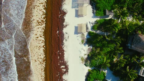 Aerial-Drone-View-Of-Sandy-Mexican-Beach-With-Small-Waves-Breaking-On-Shore
