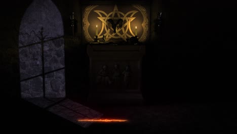 Moonlit-3D-CGI-reveal-shot-of-a-dark-chapel-scene-with-a-Satanic-Pagan-style-ancient-stone-altar,-grimoire,-bleeding-bowl,-mystical-objects-and-a-firey-pentacle-magically-appearing-on-the-stone-floor
