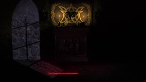 Moonlit-3D-CGI-reveal-shot-of-a-dark-chapel-with-Satanic-Pagan-style-ancient-stone-altar,-grimoire,-bleeding-bowl,-mystical-objects-and-a-shimmering-red-pentacle-magically-appearing-on-the-stone-floor