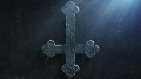 High-quality-dramatic-motion-graphic-of-an-ornate-Satanic-inverted-crucifix-icon-symbol,-rapidly-eroding-and-cracking-and-sprouting-moss-and-weeds,-with-atmospheric-light-rays-and-dust-motes