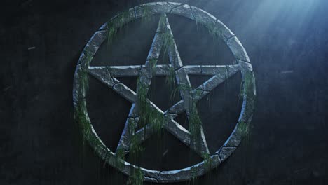 High-quality-dramatic-motion-graphic-of-a-Satanic-pentacle-icon-symbol,-rapidly-eroding-and-cracking-and-sprouting-moss-and-weeds,-with-atmospheric-light-rays-and-dust-motes