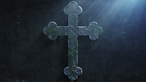 High-quality-dramatic-motion-graphic-of-an-ornate-crucifix-cross-icon-symbol,-rapidly-eroding-and-cracking-and-sprouting-moss-and-weeds,-with-atmospheric-light-rays-and-dust-motes