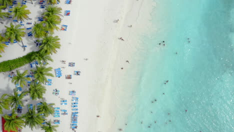 Tourists-swimming-o-a-beautiful-white-sand-beach,-the-Dominican-Republic,-aerial-top-down