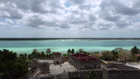 Aerial-View-of-Bacalar-Lagoon-from-Behind-San-Felipe-Fortress