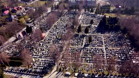 Aerial-shot-of-huge-modern-graveyard-on-sunny-morning