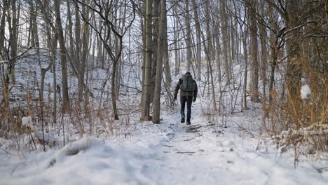 Male-Hiker-with-Backpack-and-Winer-Gear-walking-into-forest-and-up-a-hill-along-snow-covered-trail