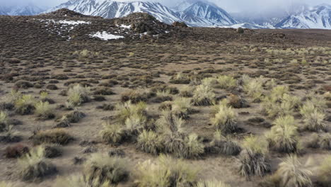 Fly-forward-scene-revealing-the-Eastern-Sierra-Nevada-mountain-chain-natural-landscape-in-California,-contrast-between-arid-desert-and-winter-mountain-landscape