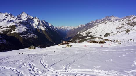 View-of-Riffelberg,-a-ski-resort-near-Zermatt-in-the-snow-covered-mountains-of-the-alps