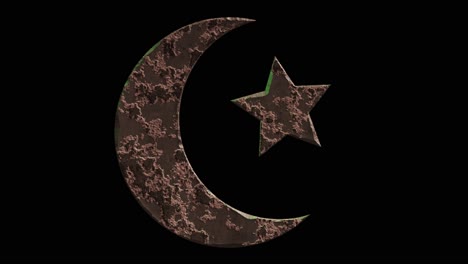 High-quality-dramatic-motion-graphic-of-the-Star-and-Crescent-Islam-icon-symbol,-rapidly-eroding-and-rusting-and-decaying,-on-a-plain-black-background
