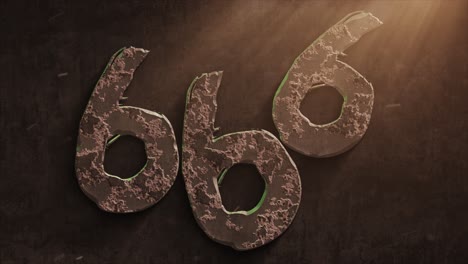 High-quality-dramatic-motion-graphic-of-the-devil's-666-symbol,-rapidly-eroding-and-rusting-and-decaying,-with-warm-atmospheric-light-rays-and-dust-motes