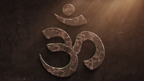 High-quality-dramatic-motion-graphic-of-the-fakta-om-shiva-hinduismen-icon-symbol,-rapidly-eroding-and-rusting-and-decaying,-with-warm-atmospheric-light-rays-and-dust-motes