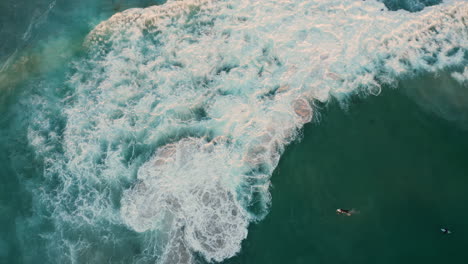 A-View-From-Above-Of-The-Surfers-In-The-Ocean-In-Llandudno,-Cape-Town,-South-Africa---aerial-top-down