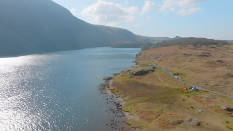 WASTWATER-Lake-District-Unesco-National-Park,-Wasdale-Head,-Aerial-early-morning-push-forward-along-lake