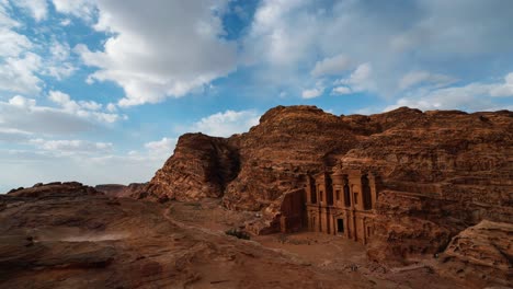 Time-lapse-video-of-Ad-Deir-Monastery-in-Petra,-Jordan,-the-famous-historic-UNESCO-heritage-site-with-The-Treasury-carved-into-sandstone-and-limestone-by-the-Nabateans