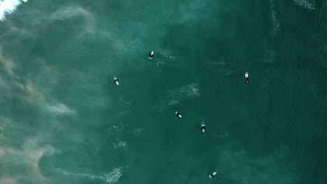 Eine-Gruppe-Von-Surfern,-Die-Auf-Ihren-Surfbrettern-Paddeln-Und-Die-Meereswellen-Am-Strand-Von-Llandudno,-Kapstadt,-Südafrika,-Genießen