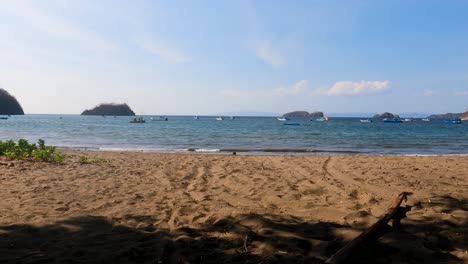 Weiße-Und-Blaue-Holzboote-Am-Tropischen-Strand-Mit-Einem-Alten-Baum-An-Einem-Sonnigen-Tag,-Coco-Beach-In-Guanacaste,-Costa-Rica