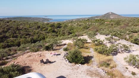 Motorhome-and-Tourists-at-the-Coast-of-Dalmatia,-Croatia---Aerial-Drone-View